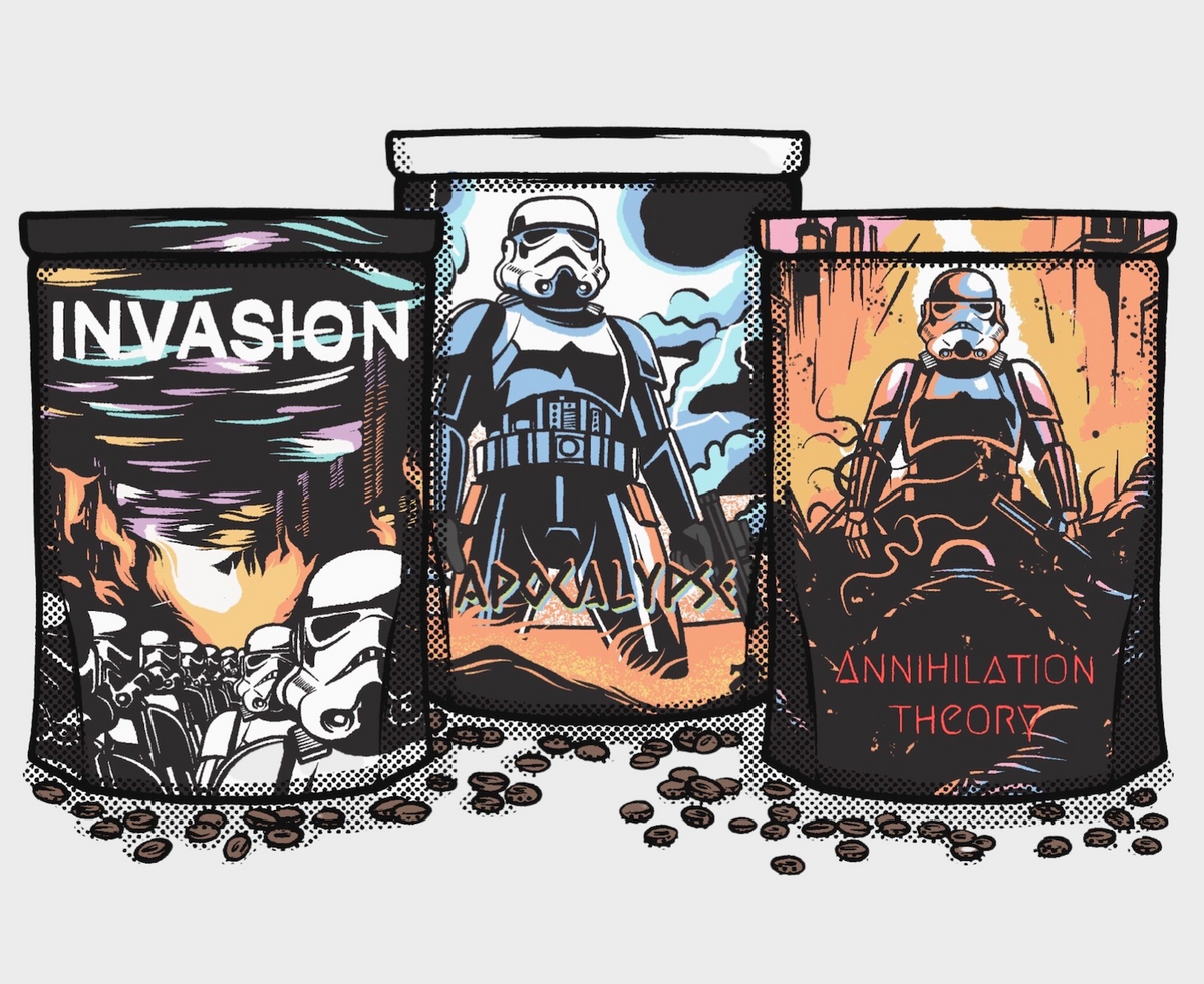 Three illustrated Original Stormtrooper Coffee bags
